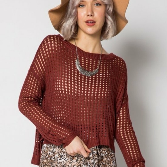 Mahogany Lattice Open Knit Hi-Lo Side Slit Sweater - Picture 3 of 6